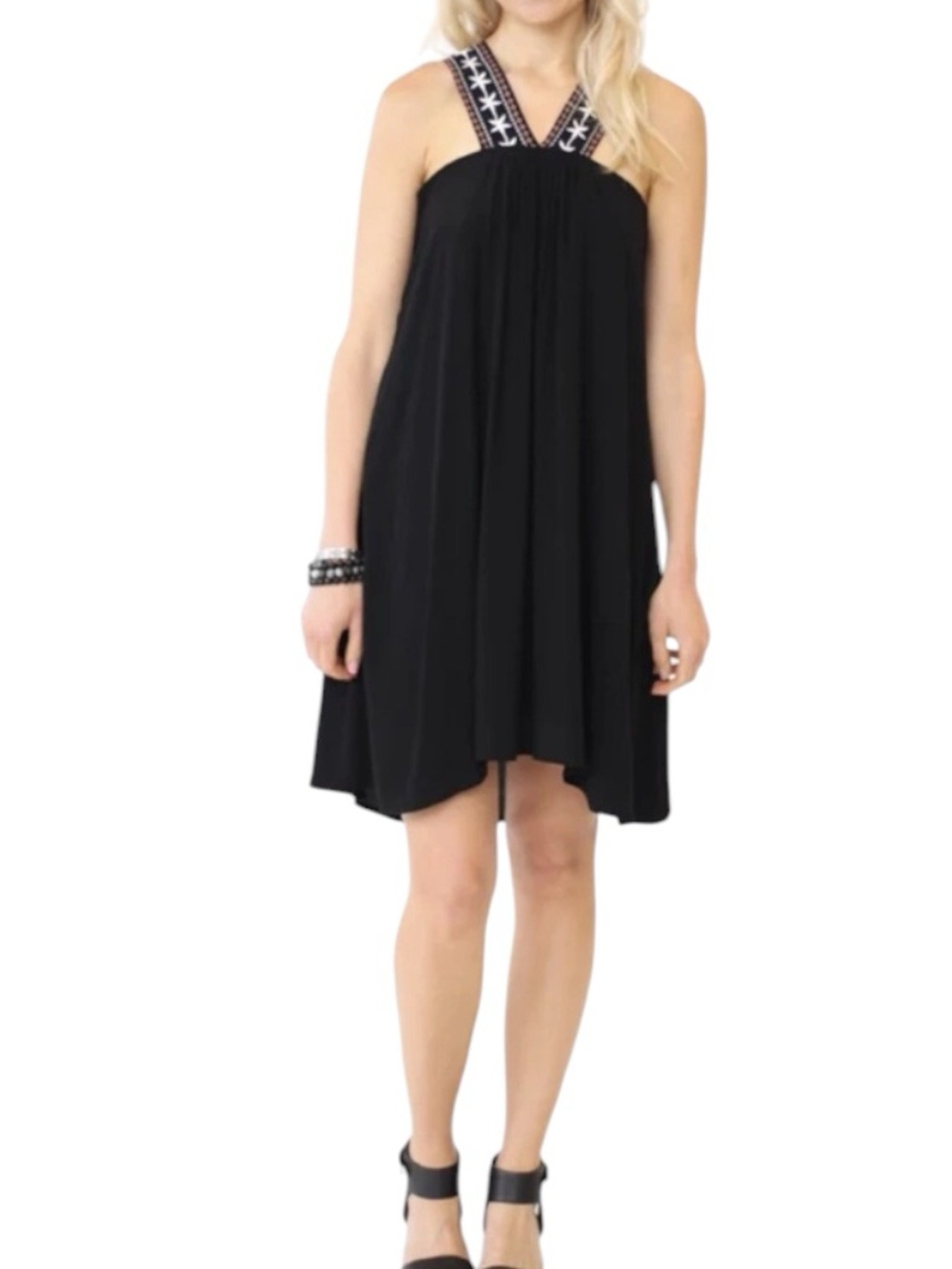 Cupcakes & Cashmere Black Embroidered Halter Tassel Swing Dress
